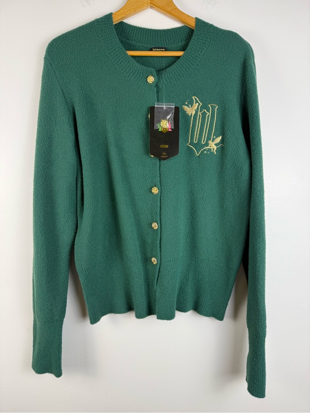 Wicked Emerald Green Button-Front Cardigan with Gold W Embroidery